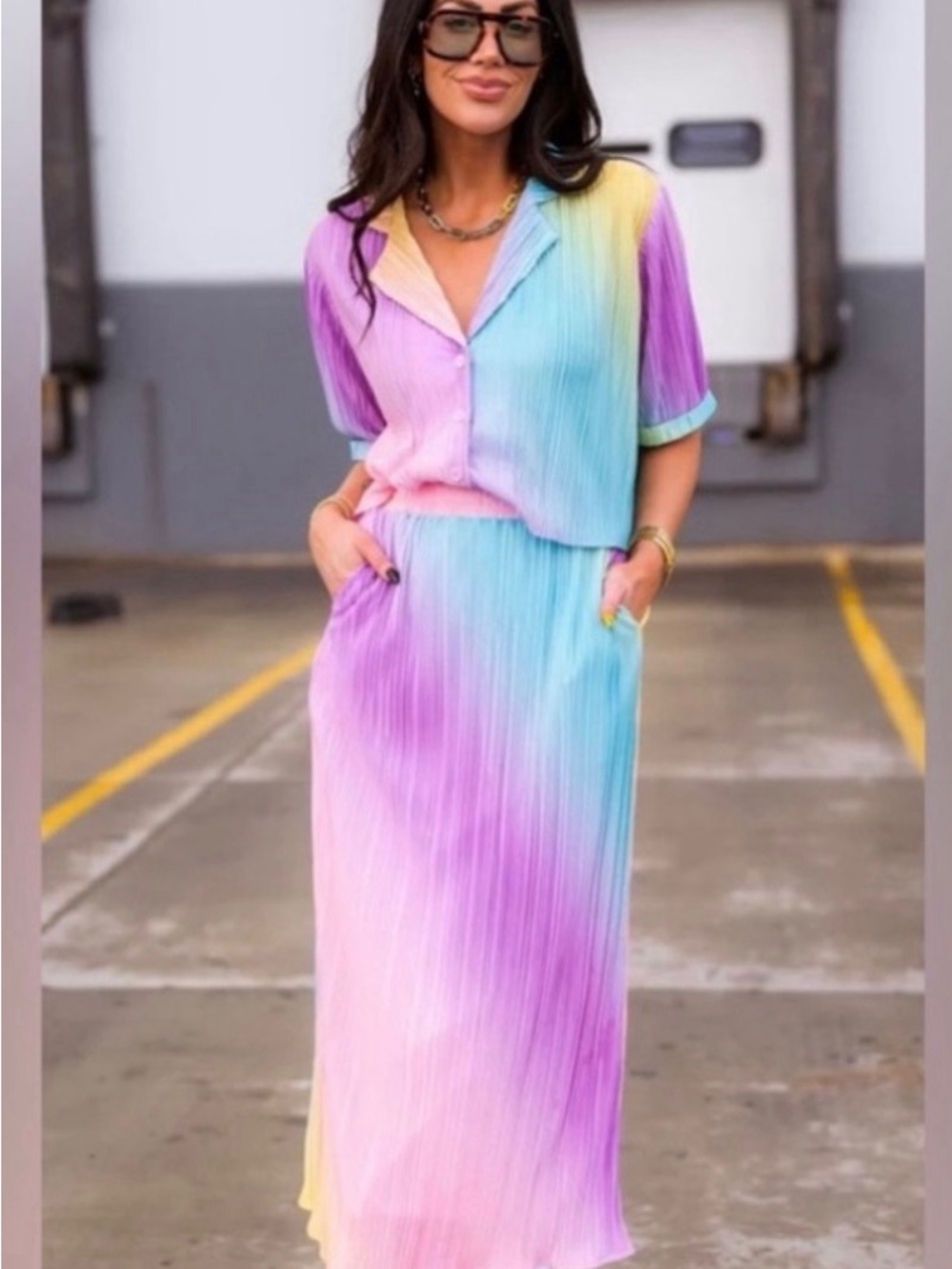 Dressed in Lala Est La Vie Rainbow Stripe Two-Piece Shirt & Skirt Set